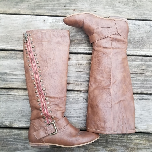 Y2k Not Rated Brown Faux Vegan Leather Exposed Zipper Stud Rhinestone Tall Boots - Picture 6 of 10